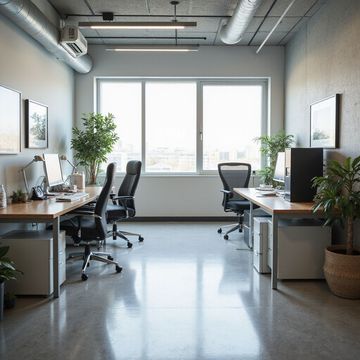 Modern office with desks, chairs, large windows, plants, and computers.