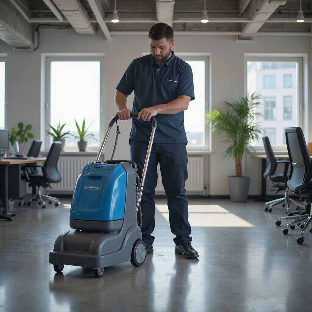 Man in uniform operating a floor cleaning machine in an office.