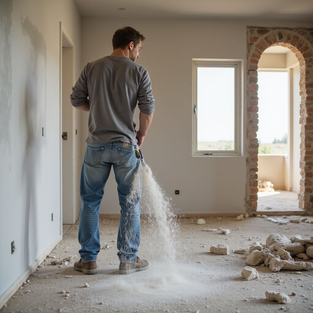 Man in a room, facing away, kicking up dust. Room is under construction.