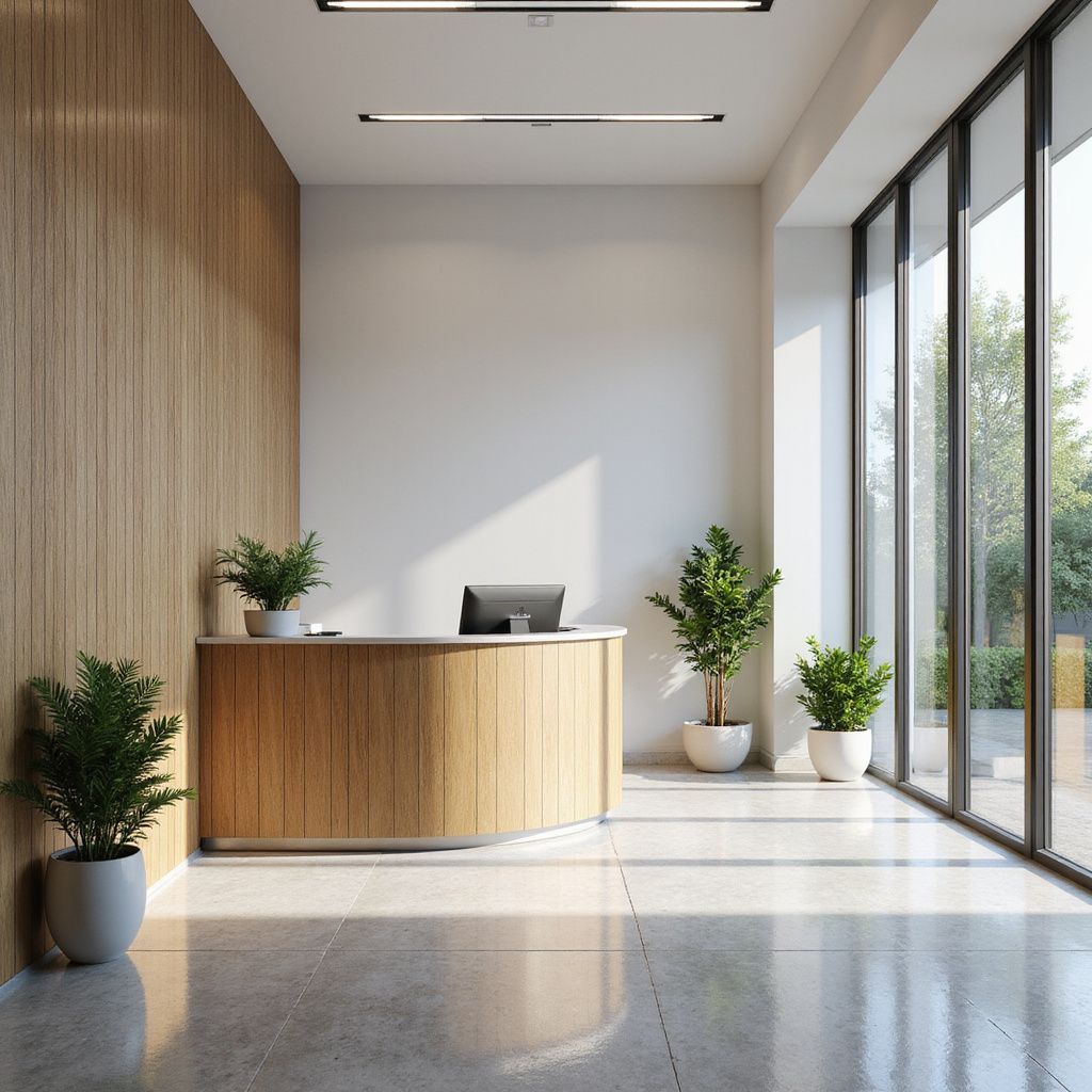 Reception area with wood paneling, a curved desk, plants, and large windows.
