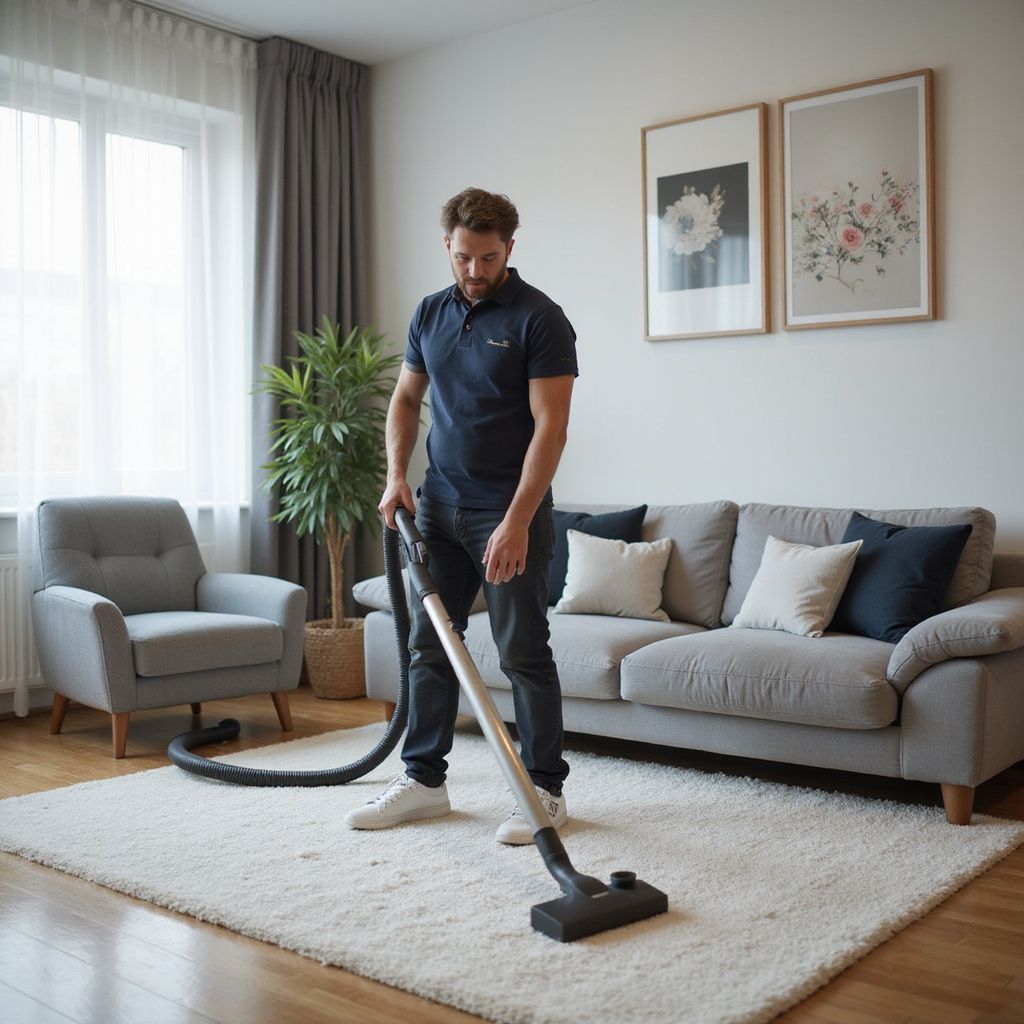 Man vacuuming a white rug in a living room with a gray sofa, armchair, and artwork.