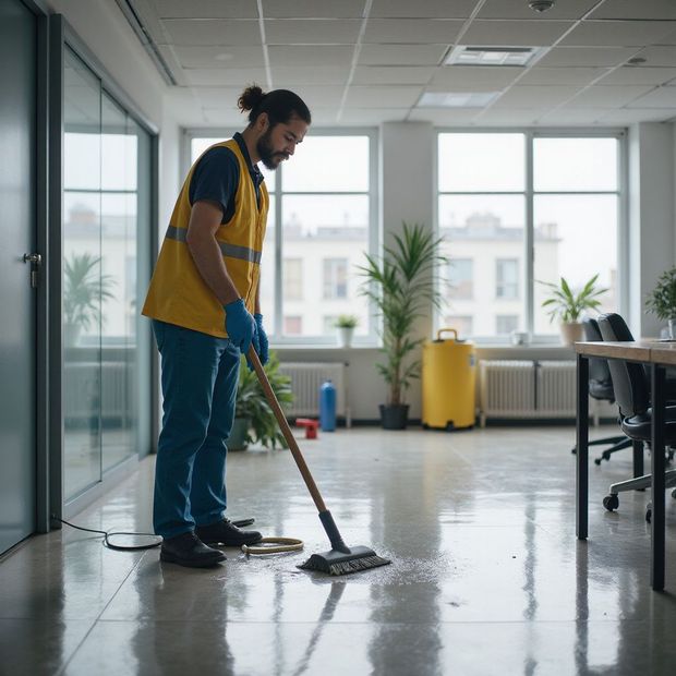 Custodian mopping a glossy office floor; wearing a yellow vest, blue gloves, and jeans. Bright, sunny room.