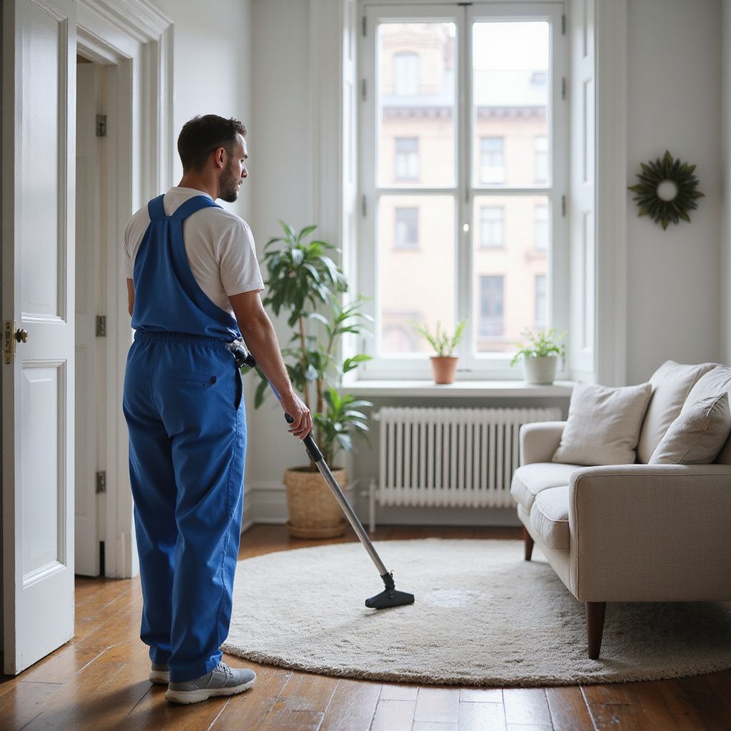 Man in blue overalls vacuums a carpet in a bright, clean living room.