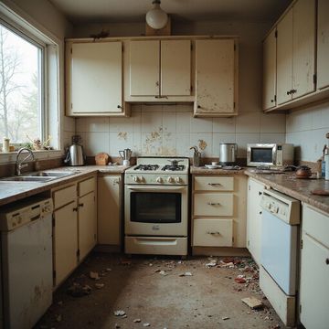 Dilapidated kitchen with off-white cabinets, stove, appliances, and debris on the floor.