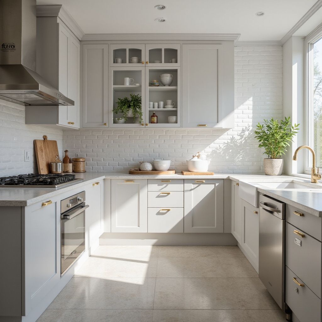 U-shaped kitchen with light gray cabinets, stainless steel appliances, and a window overlooking a sunny landscape.