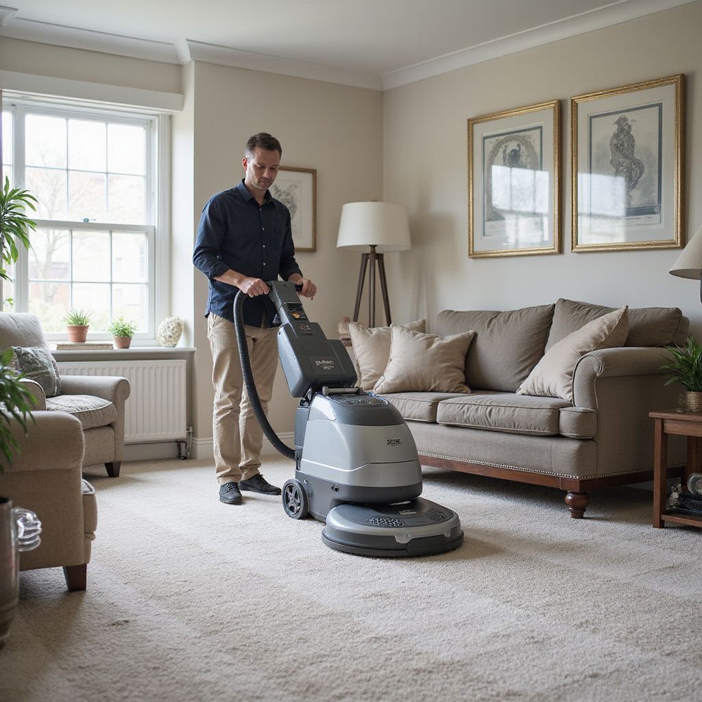 Man using carpet cleaner in a beige-toned living room with a sofa, armchair, and art.