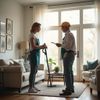 Woman in apron talks to man with clipboard; they stand on a rug in a living room.