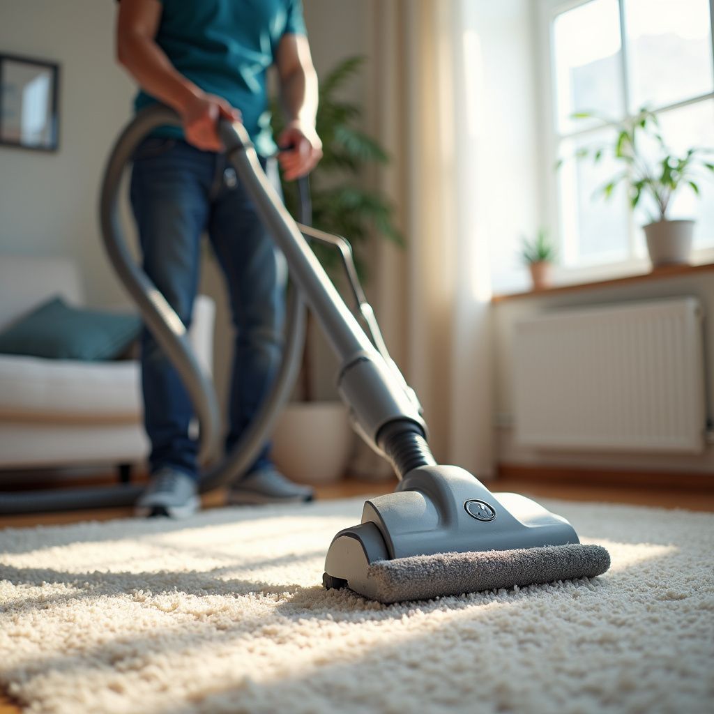 Person vacuuming a white carpet in a sunlit room with a window and potted plants.