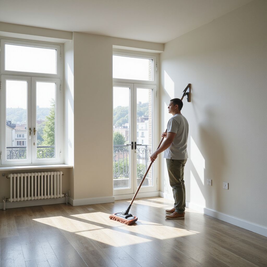 Man mopping a room with hardwood floors, near a window. Sunny with a view.