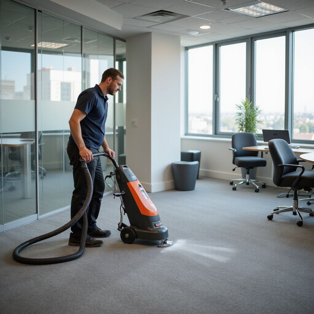 Man cleaning an office carpet with an industrial vacuum.