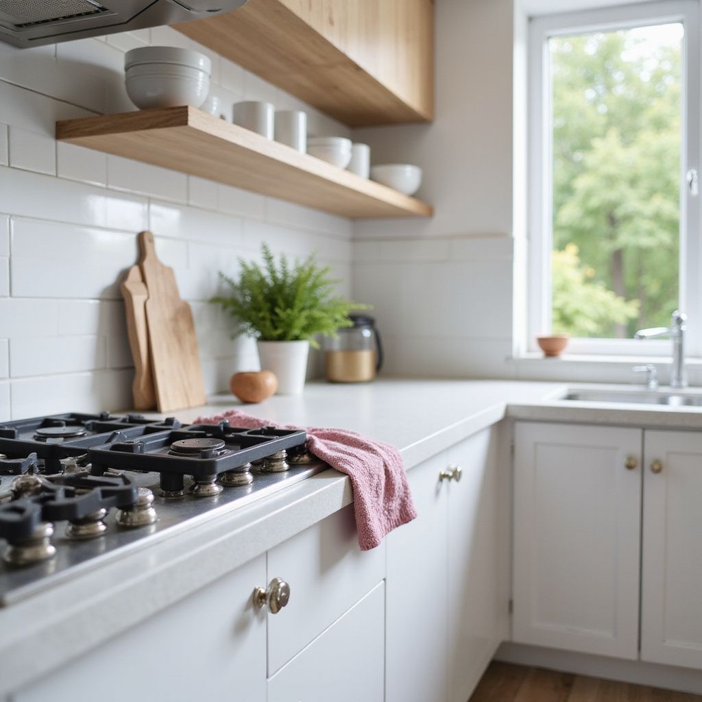 White kitchen with white cabinets, wooden shelves, and stainless steel cooktop.