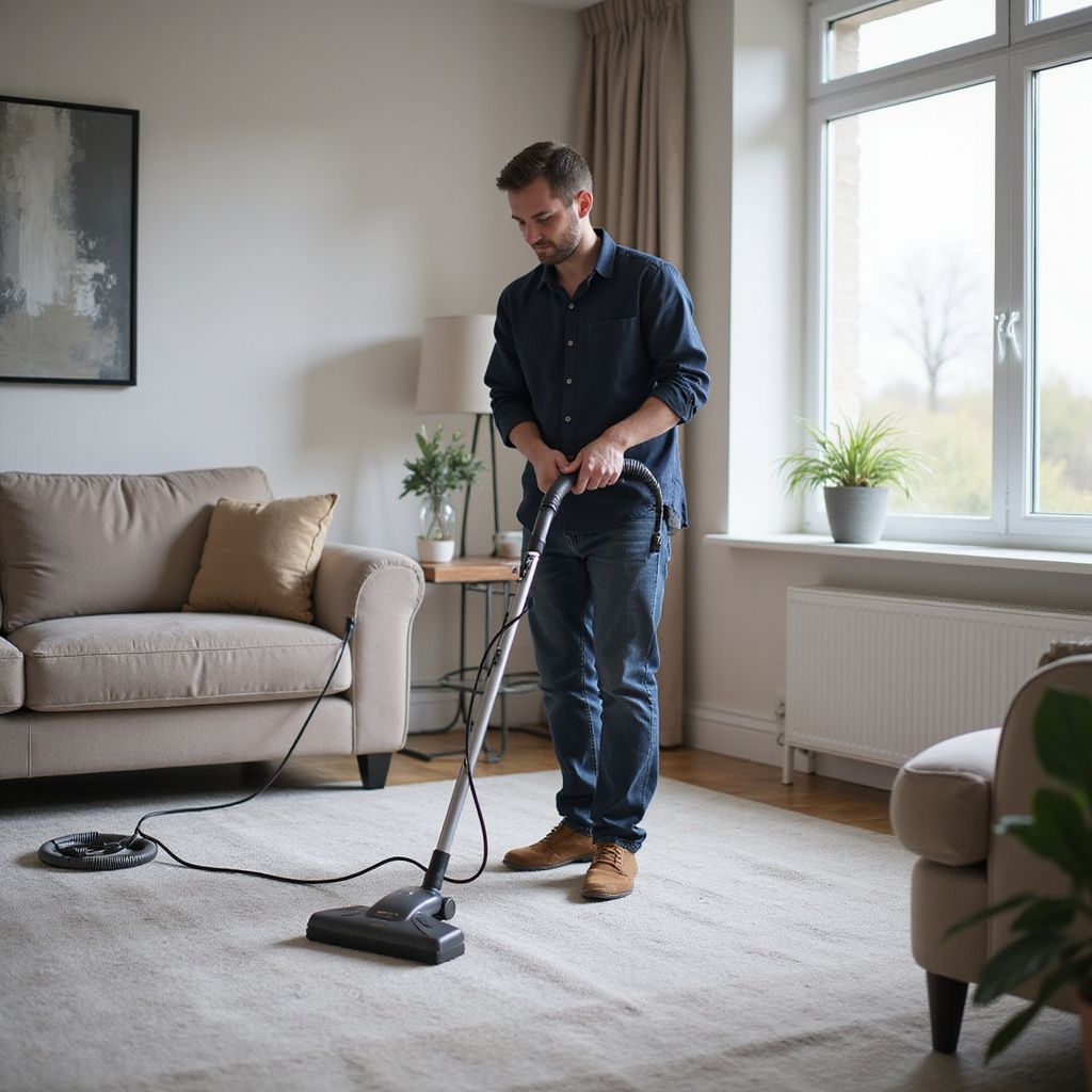 Man vacuums a beige carpet in a living room with a beige sofa, chair, and window.