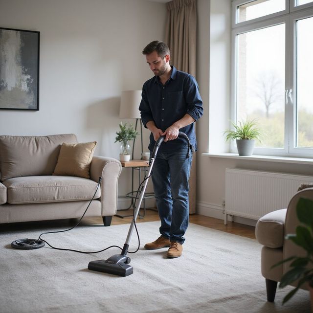 Man vacuums a beige carpet in a living room with a beige sofa, chair, and window.