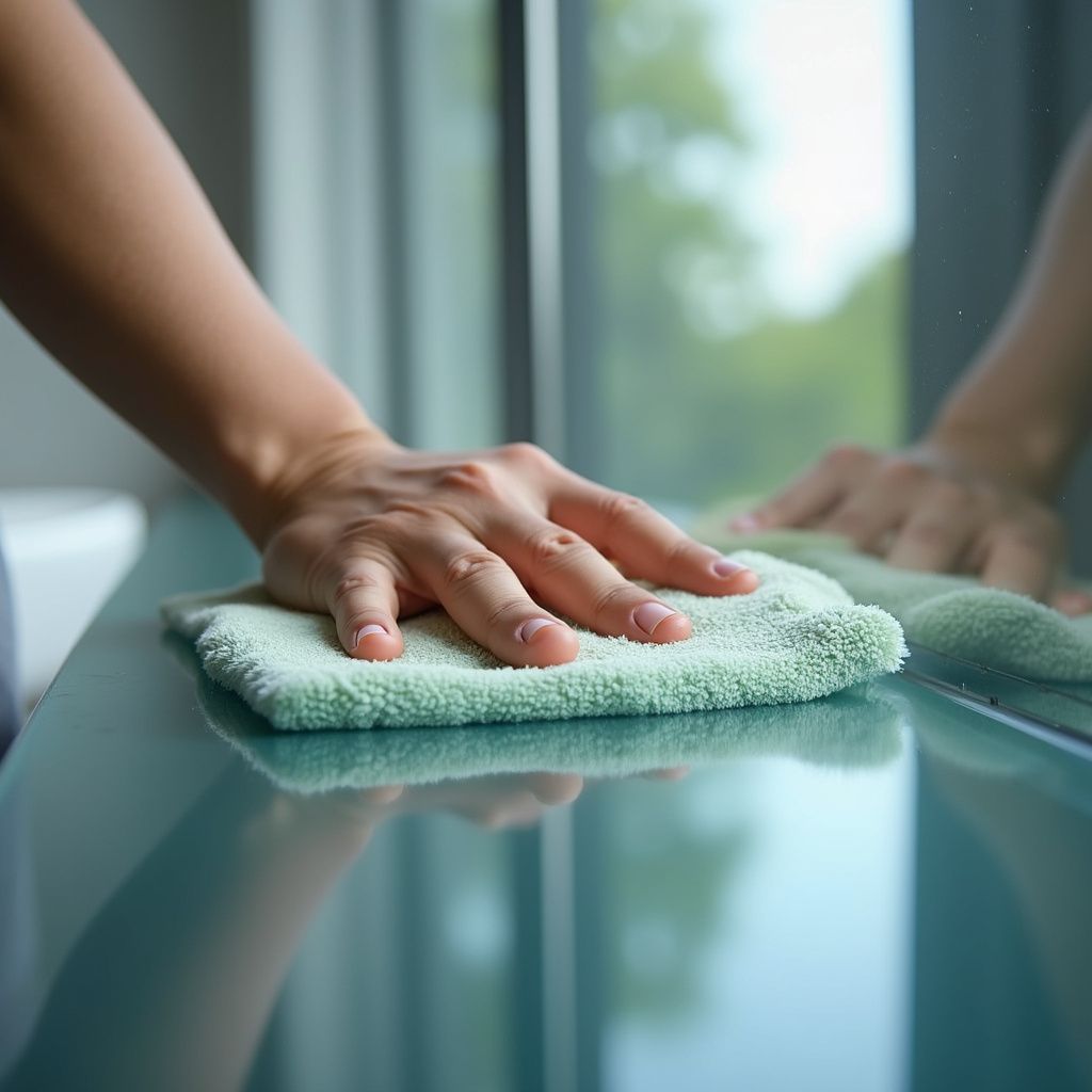 Person's hand cleaning a glass surface with a light green cloth, reflecting the environment.