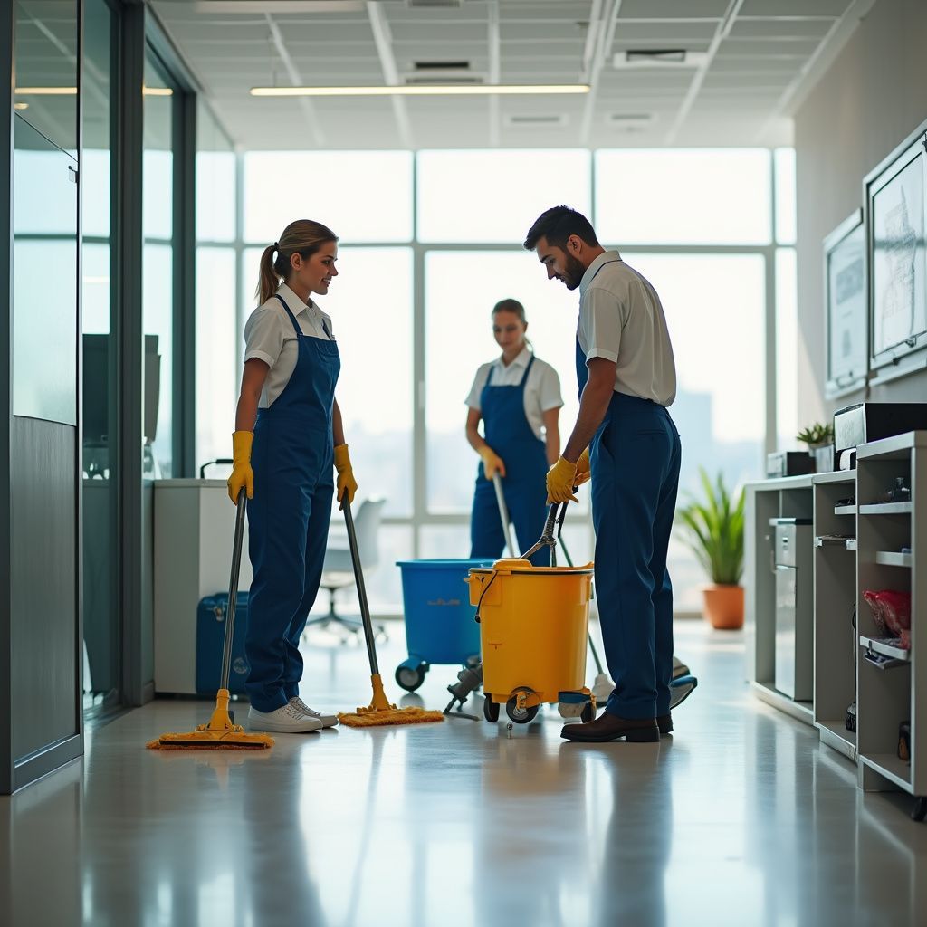 Cleaning crew in blue jumpsuits mopping an office hallway with large windows.