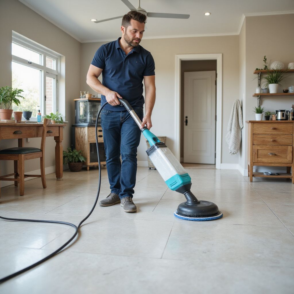 Man cleaning a floor with a scrubbing machine in a well-lit room.