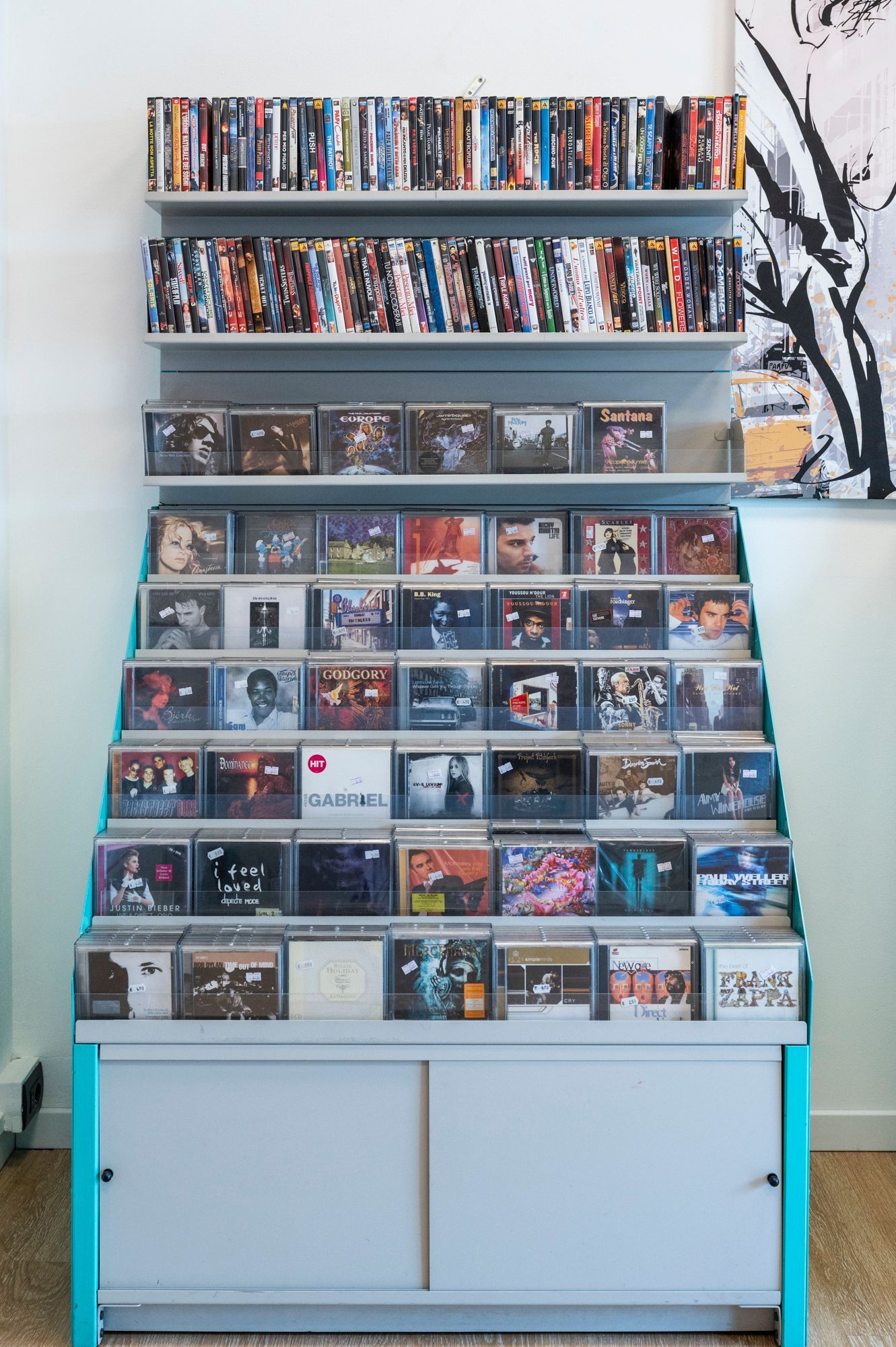 Uno scaffale pieno di tantissimi cd e dvd