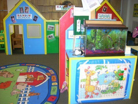 A classroom with a sign that says rainbow school