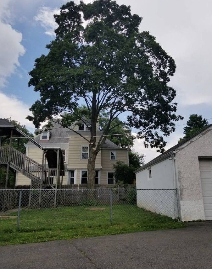 Large tree in front of beige house, with chain-link fence, white garage, and partly cloudy sky.