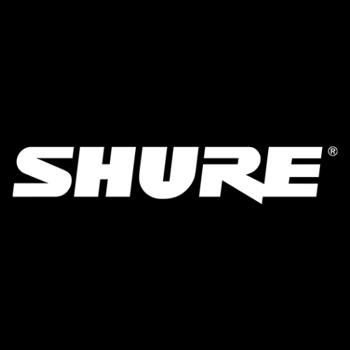 The shure logo is white on a black background.