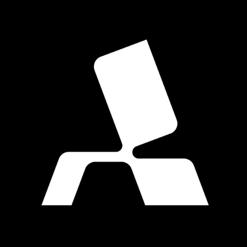 A white logo on a black background that looks like a chair.