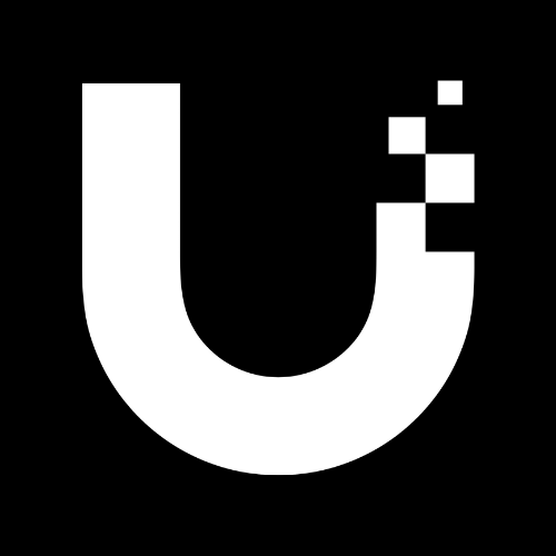 A white letter u with a checkered pattern on a black background.