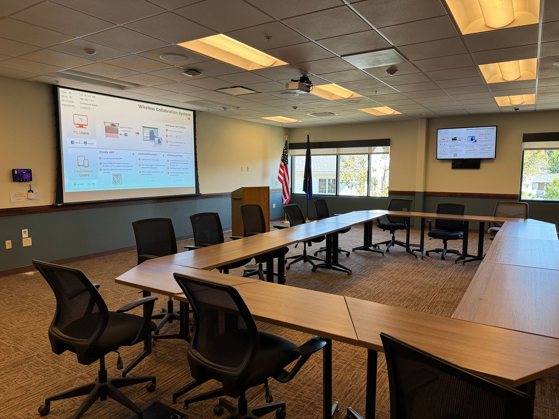 Flathead County South Campus Conference Room - Shure Intellimix MXA920 microphone, 4 zone voice lift, voice tracking with PTZ Optics Link 4K with Dante