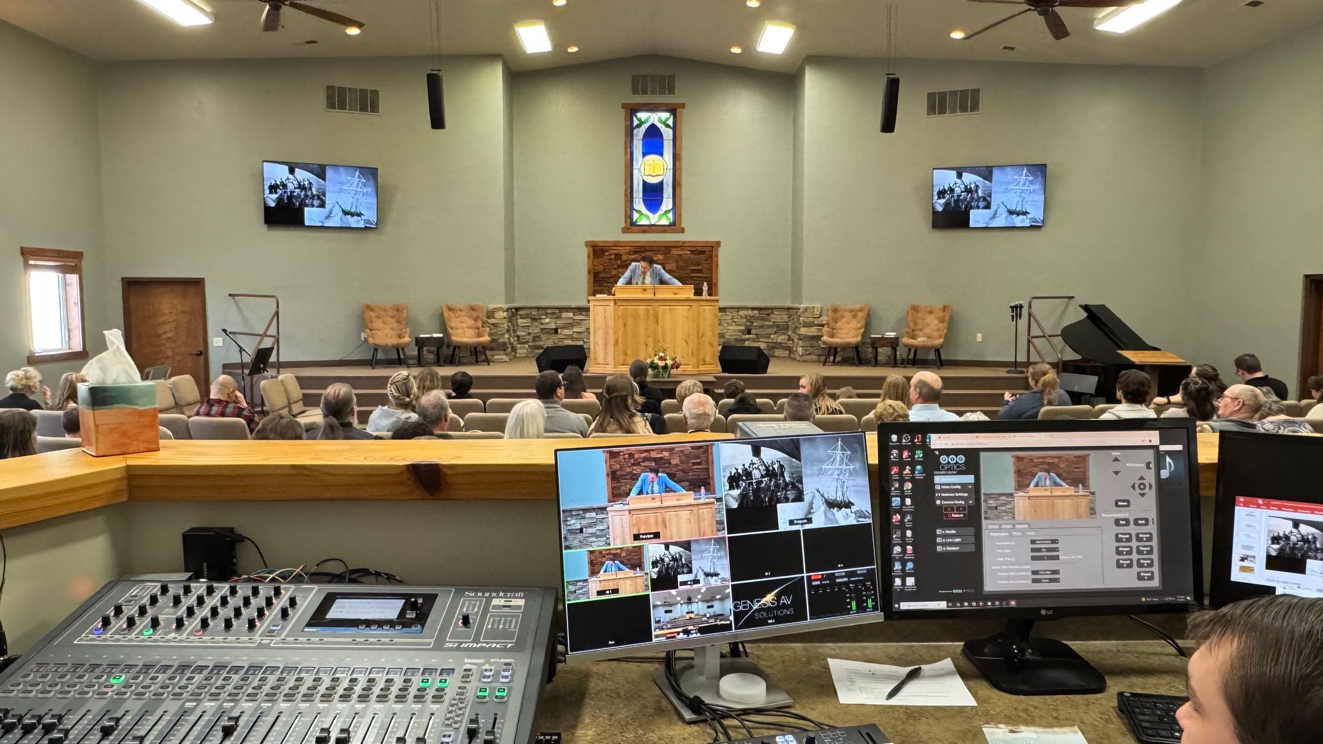 Flathead Valley Baptist Church - Soundcraft, JBL, Shure, Crown.  Live streaming with auto-tracking PTZ Optics broadcast camera