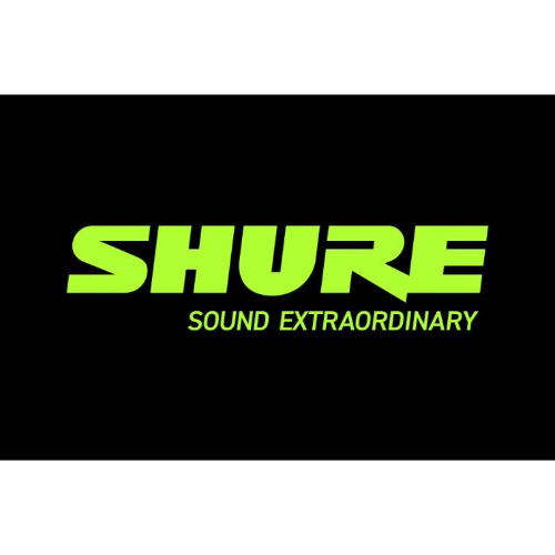 The shure logo is white on a black background.