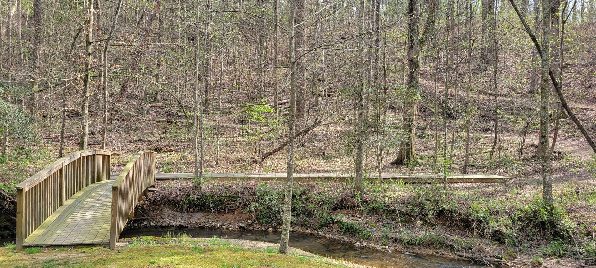 A wooden bridge over a stream in the woods