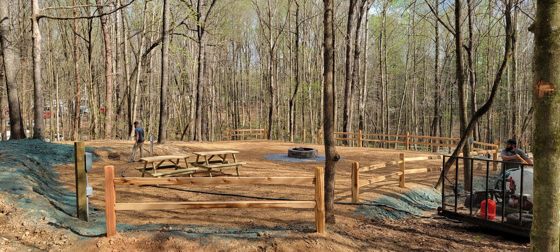 A large group gathering area in the dedicated tent camping area