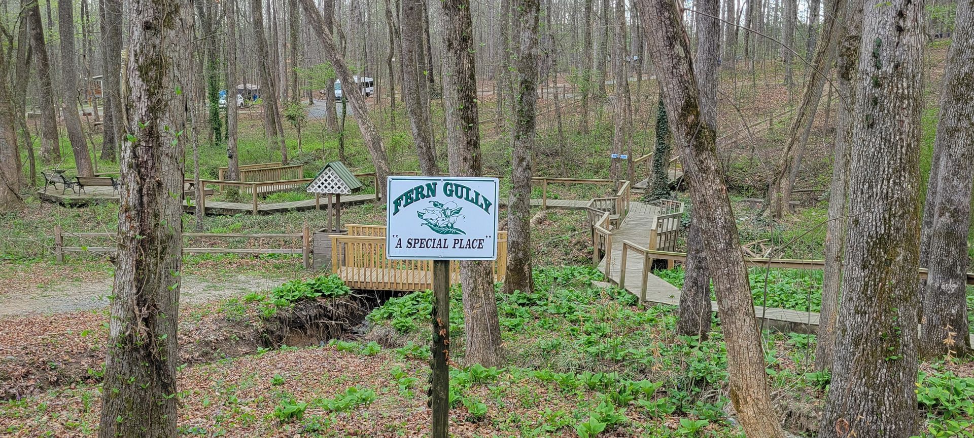 A sign in the middle of a forest that says ' FERN GULLY ' on it.