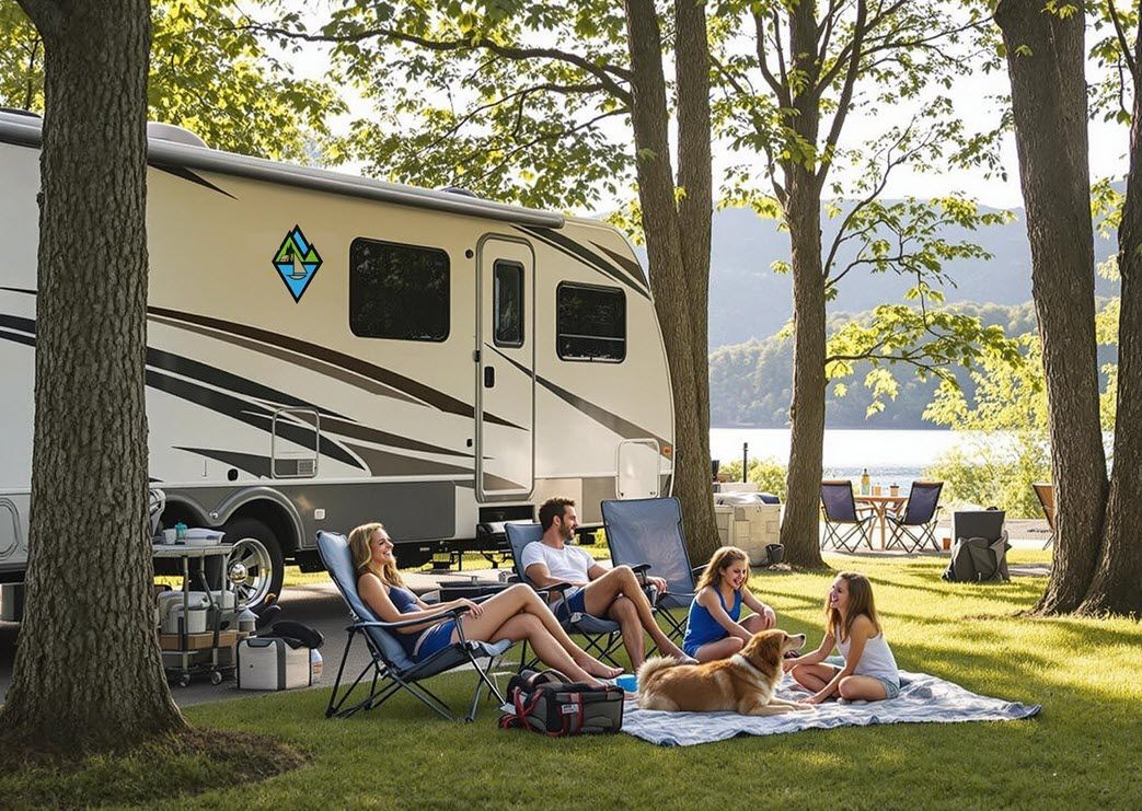 A family is having a picnic in front of a rv