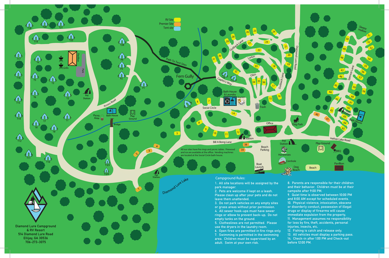A map of a campground with a lake in the middle