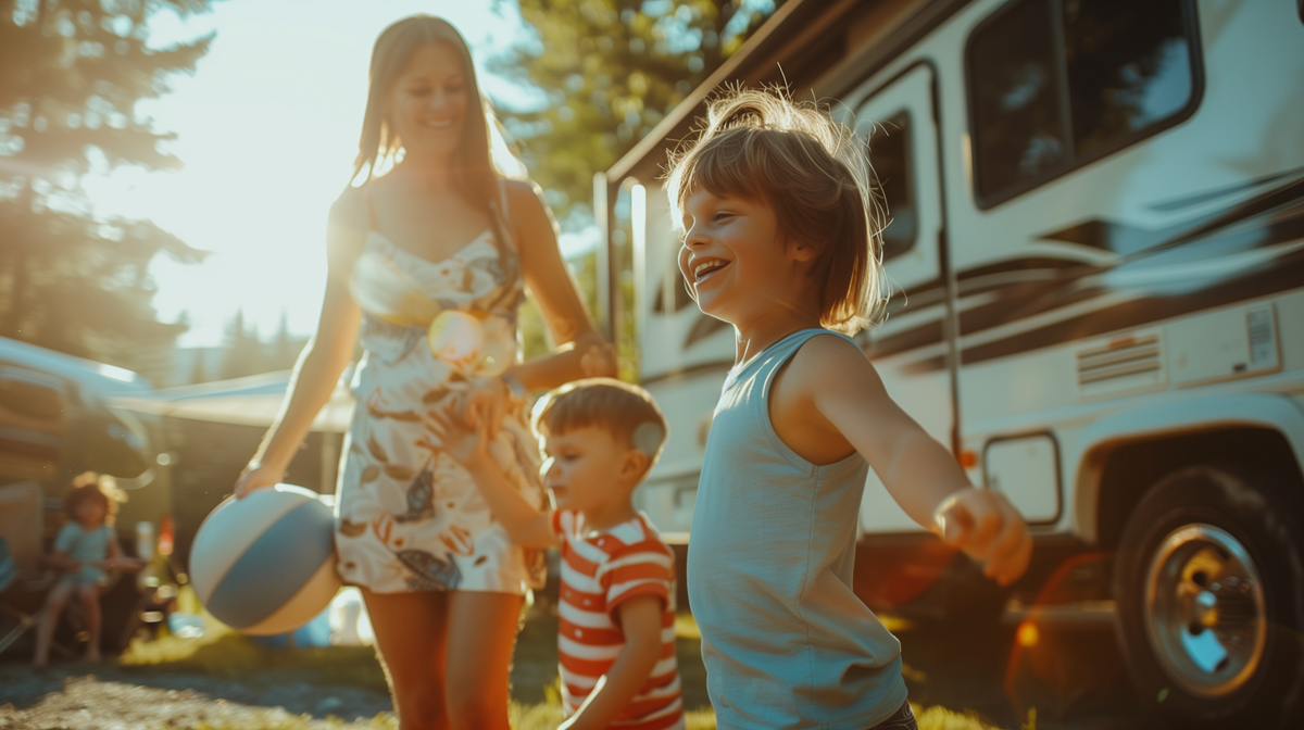 A woman and two children are playing with a beach ball in front of a rv.