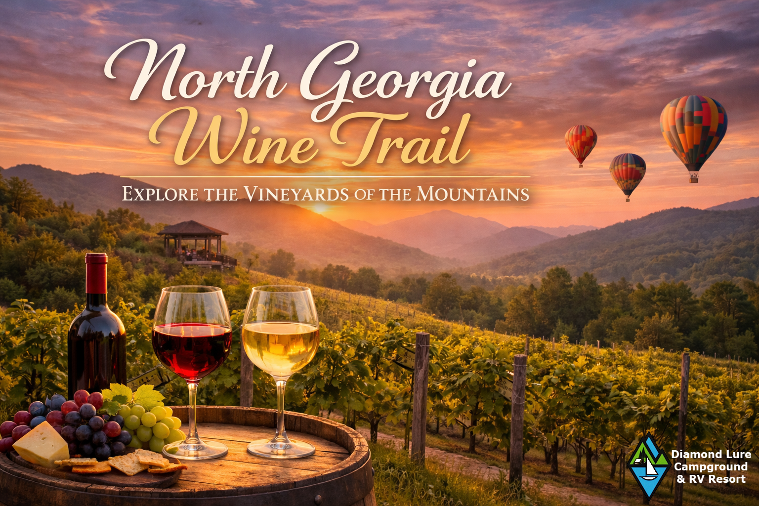 Wine glasses and grapes on a barrel overlooking North Georgia mountain vineyards at sunset with hot air balloons.