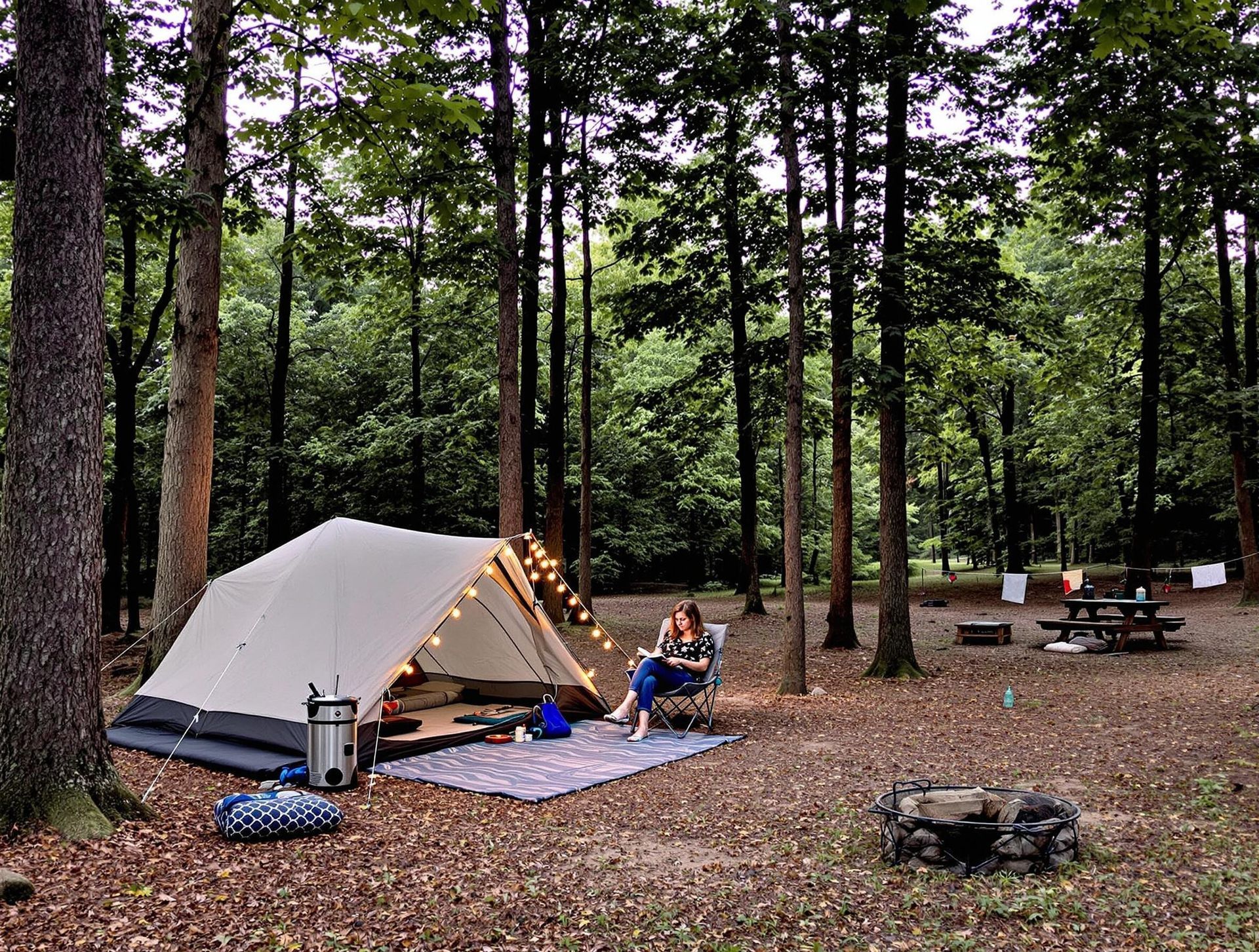 A tent is set up in the middle of a forest.