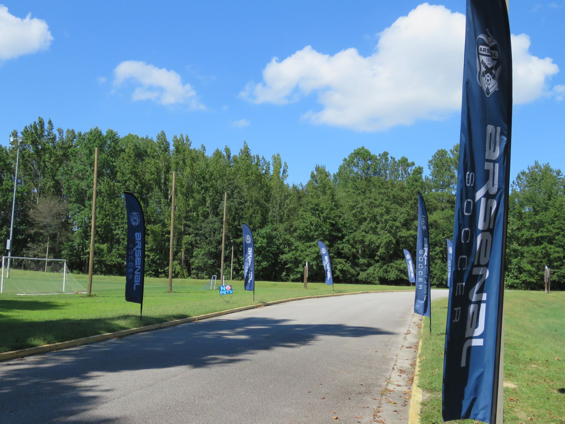Flags lining the path through Arsenal fields