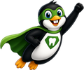 Cartoon penguin mascot in black and green, flying with one flipper raised and a smile.