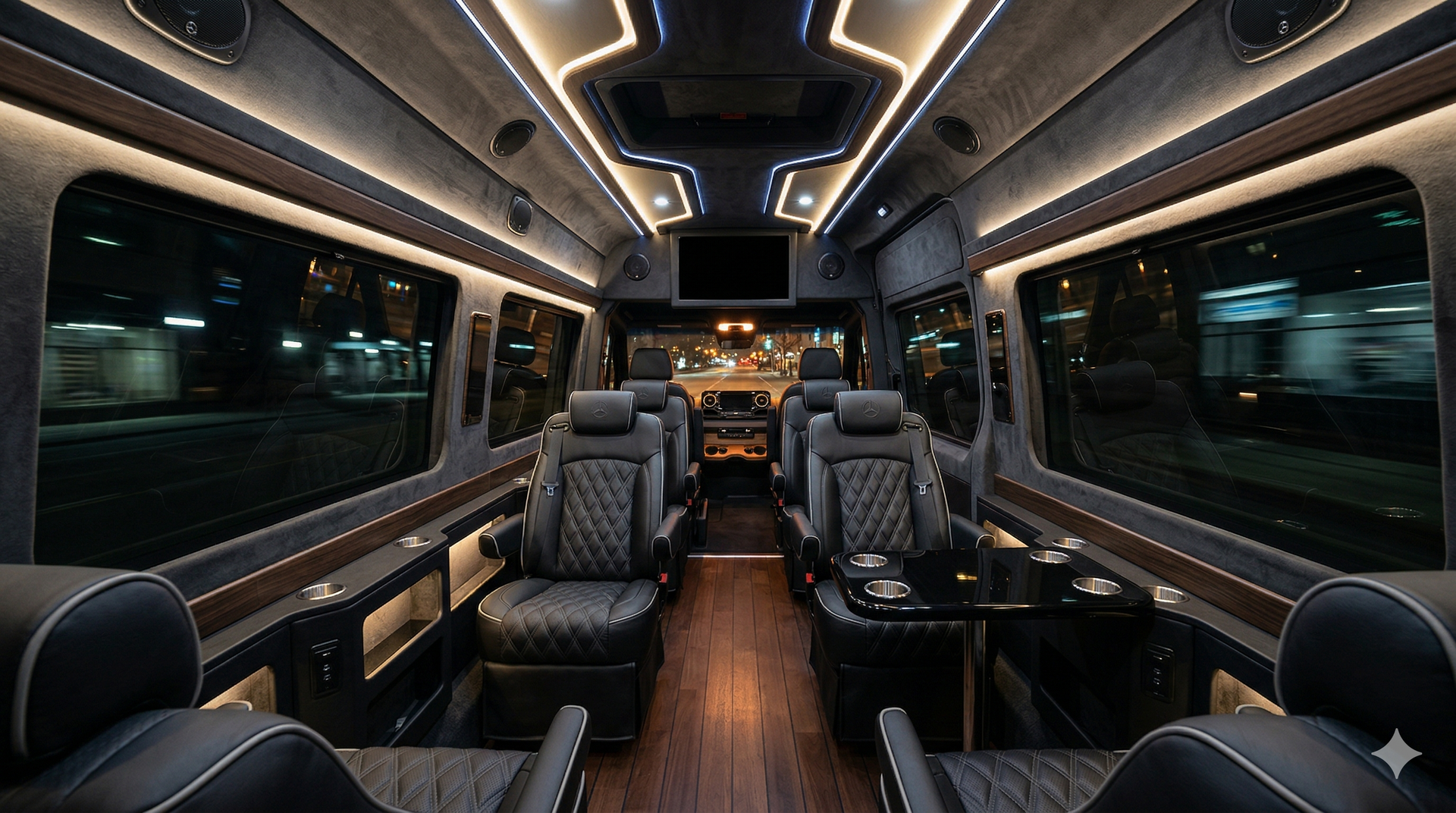 Black car and limo service Sherwood Oregon Mercedes-Benz Sprinter interior with LED lighting