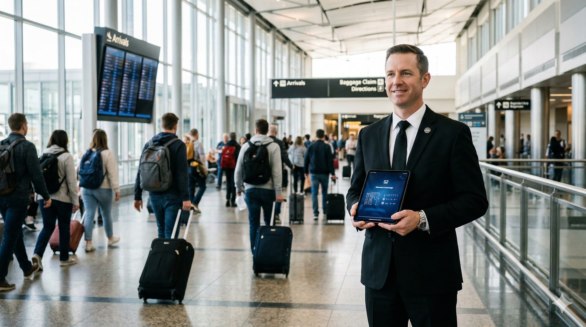 All Star Town Car chauffeur meeting client at PDX Lower Level Arrivals for Dayton Oregon airport transfer