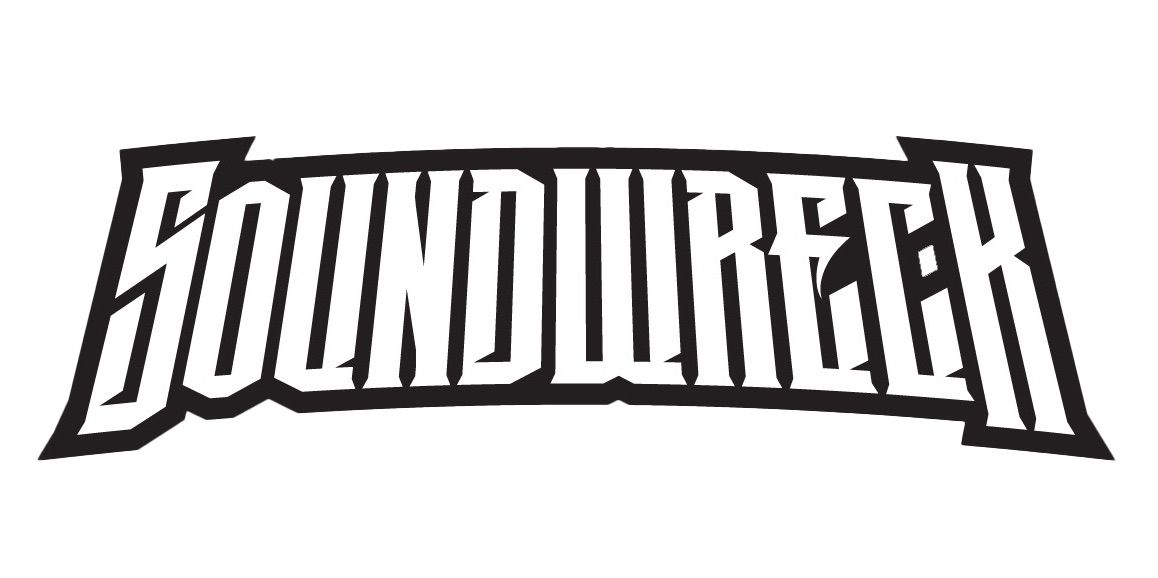 Soundwreck logo in white letters outlined in black, on a white background.