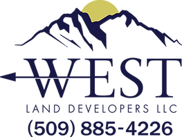 Logo for West Land Developers LLC featuring a mountain silhouette, a rising sun, a directional arrow, and phone number.