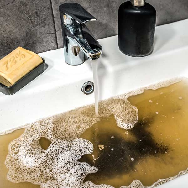 clogged bathroom Sink filled with brown, murky water, tap running, soap dish, and soap dispenser.