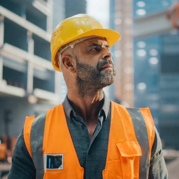 Contractor in a yellow hard hat and orange vest, looking towards the sky on a building site.