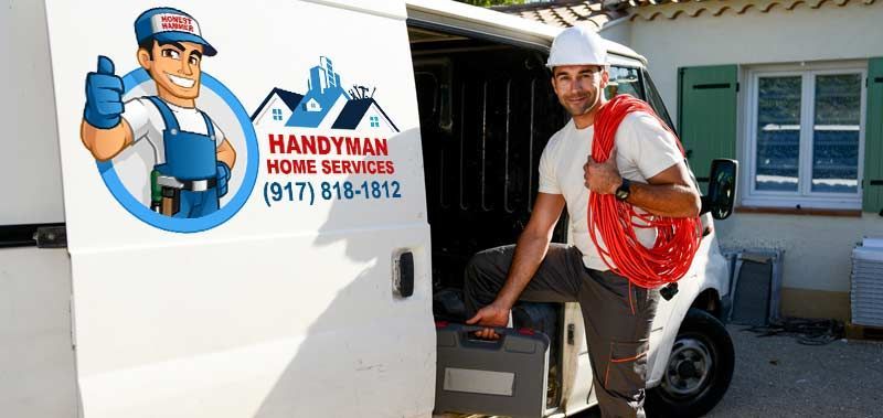 Handyman by a van, holding tools and a cable. Logo on the van for Home Renovations Long Island by Honest Hammer