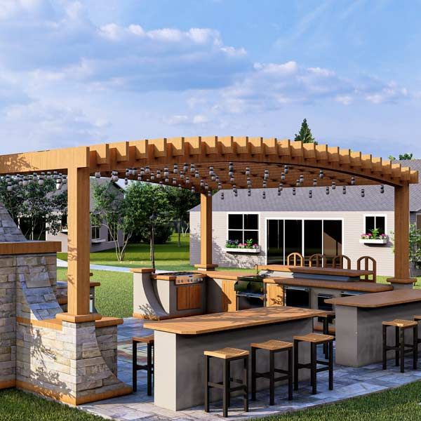 Pergola Installation with kitchen, bar, and grill. Beige stone and wood construction in a backyard setting.