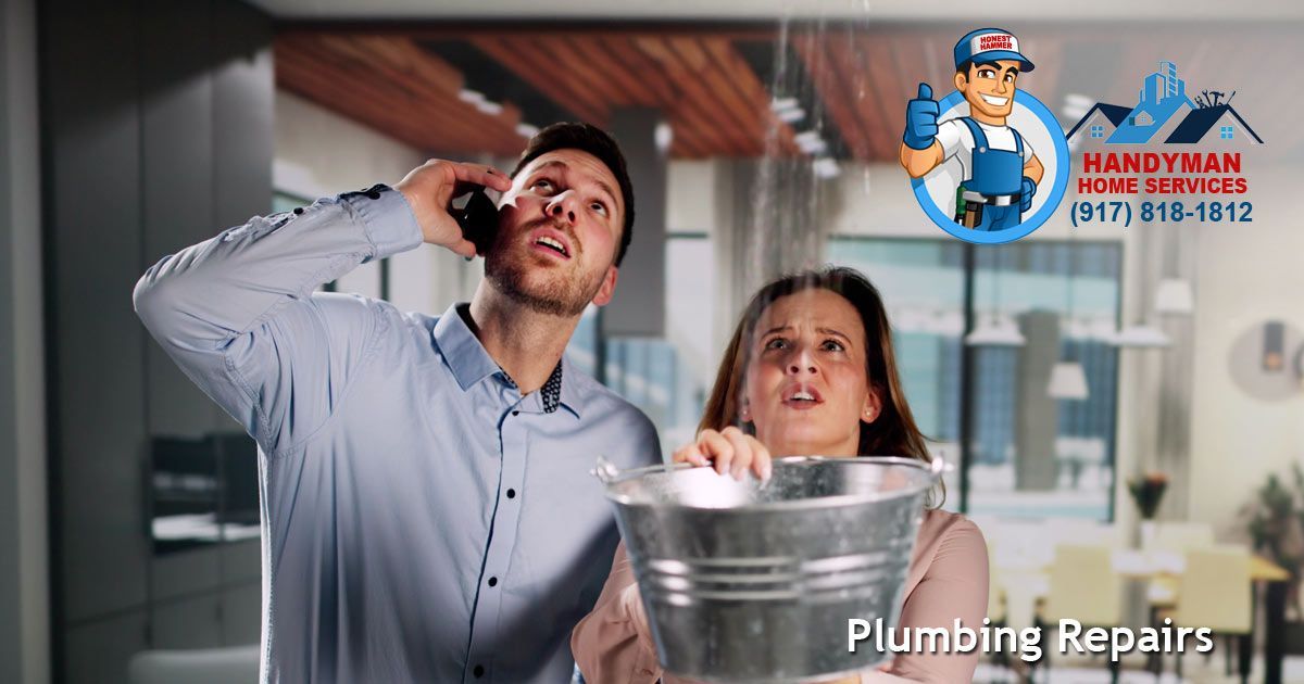 Man on phone, woman holding bucket, both looking up at water leak in modern home calling Plumbing Repair Services Long Island by Honest Hammer Handyman