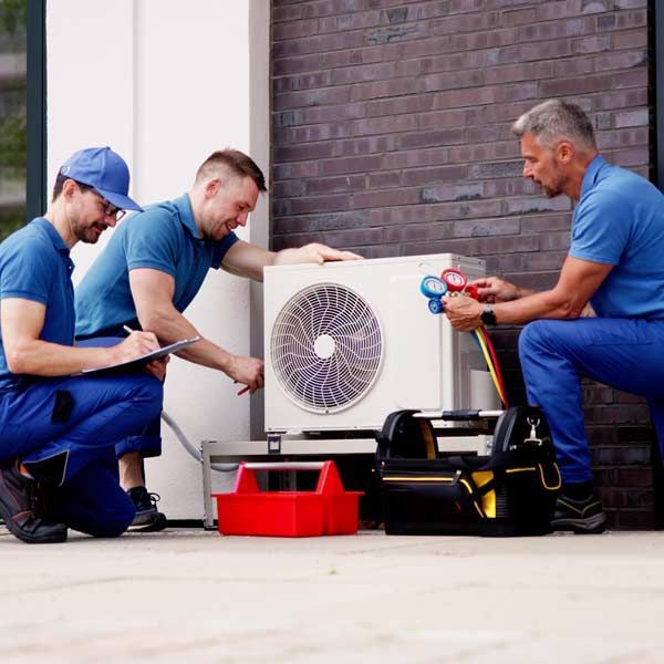 Three HVAC technicians in blue uniforms work on an outdoor unit.