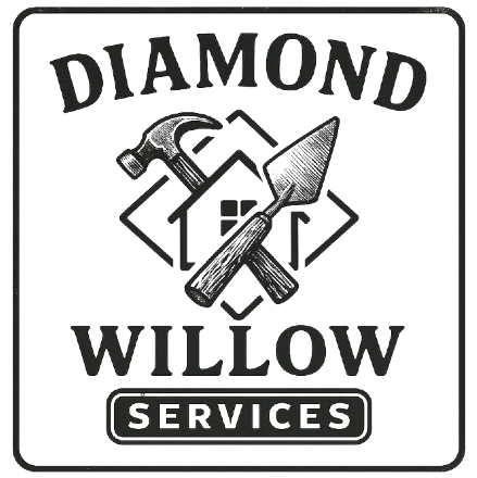 Logo for Diamond Willow Services with a hammer and trowel crossing over a house outline inside a diamond border.